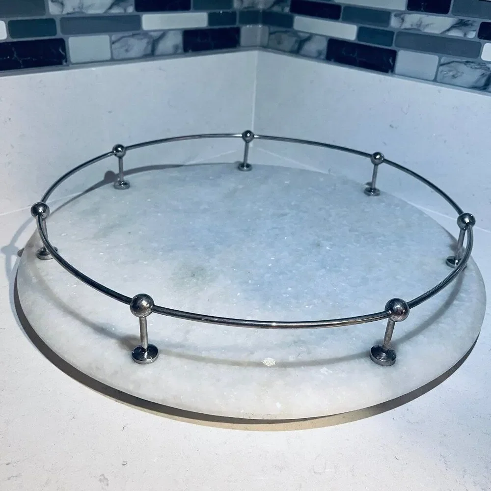 Pottery‎ Barn “Lazy Susan” Turntable Tray 18” Carrara Marble Cake Cheese Server